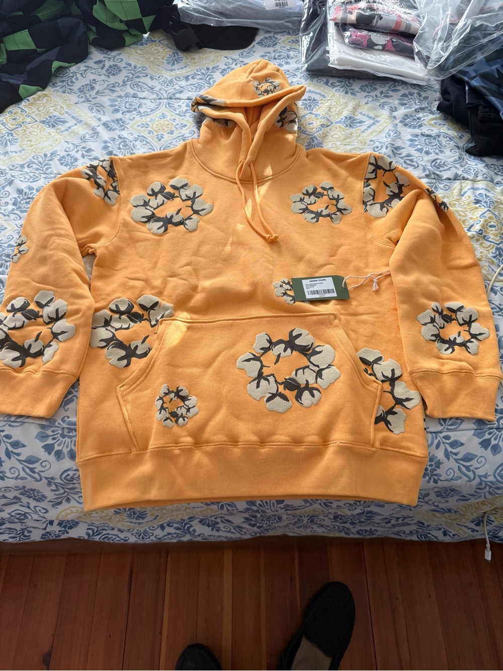 Denim Tears Men's Cactus Wreath Hoodie Yellow with Floral Applique